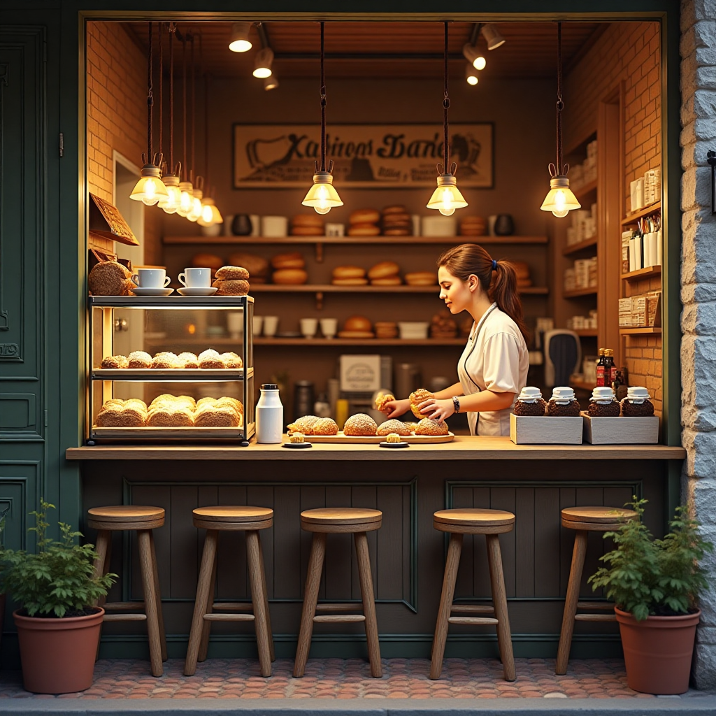 German bakery with a cozy ambiance, a shopkeeper chatting with customers, and pastries on display.