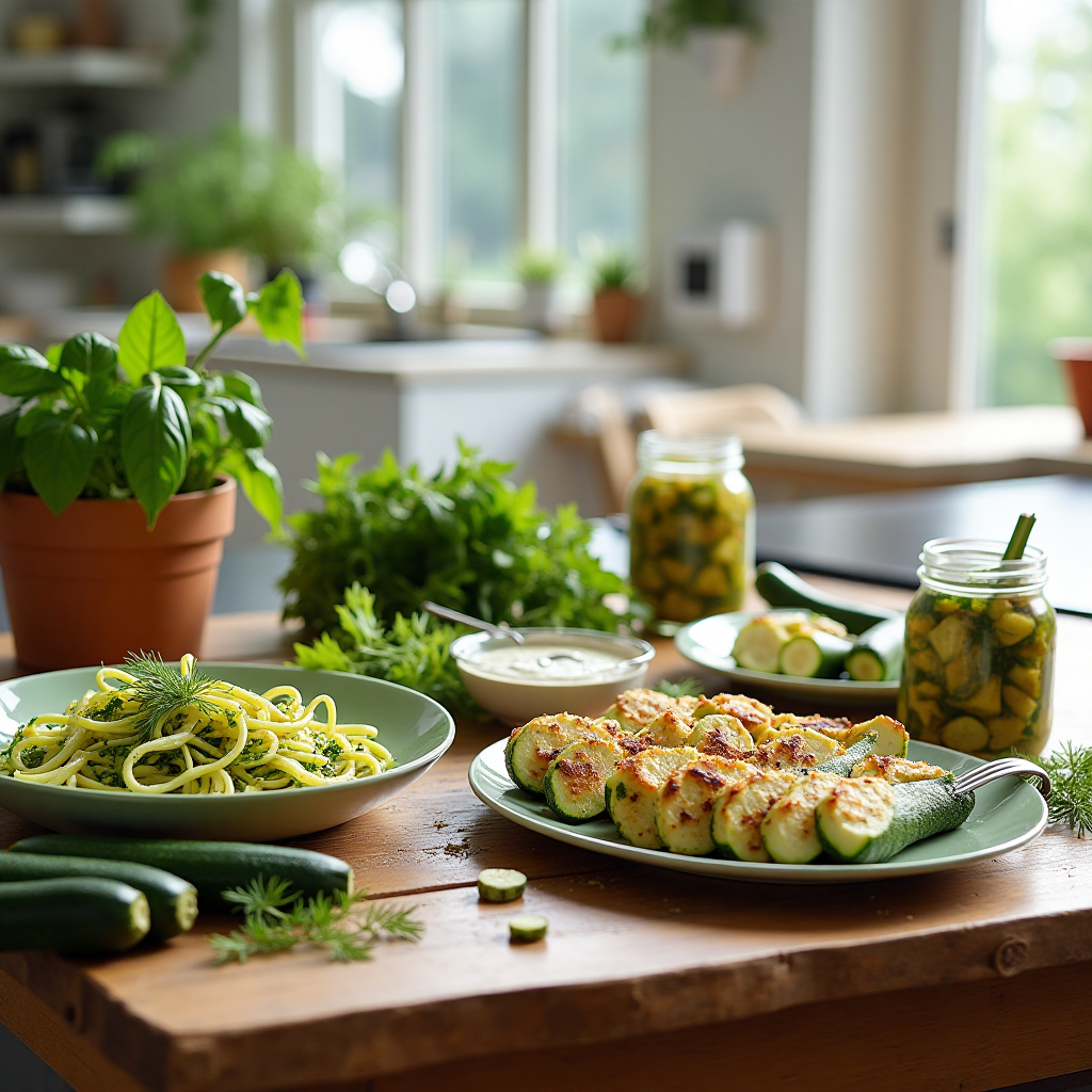 Rustic wooden table filled with various zucchini dishes, including noodles, fritters, stuffed zucchini, and pickled zucchini jars, with a bright kitchen in the background.
