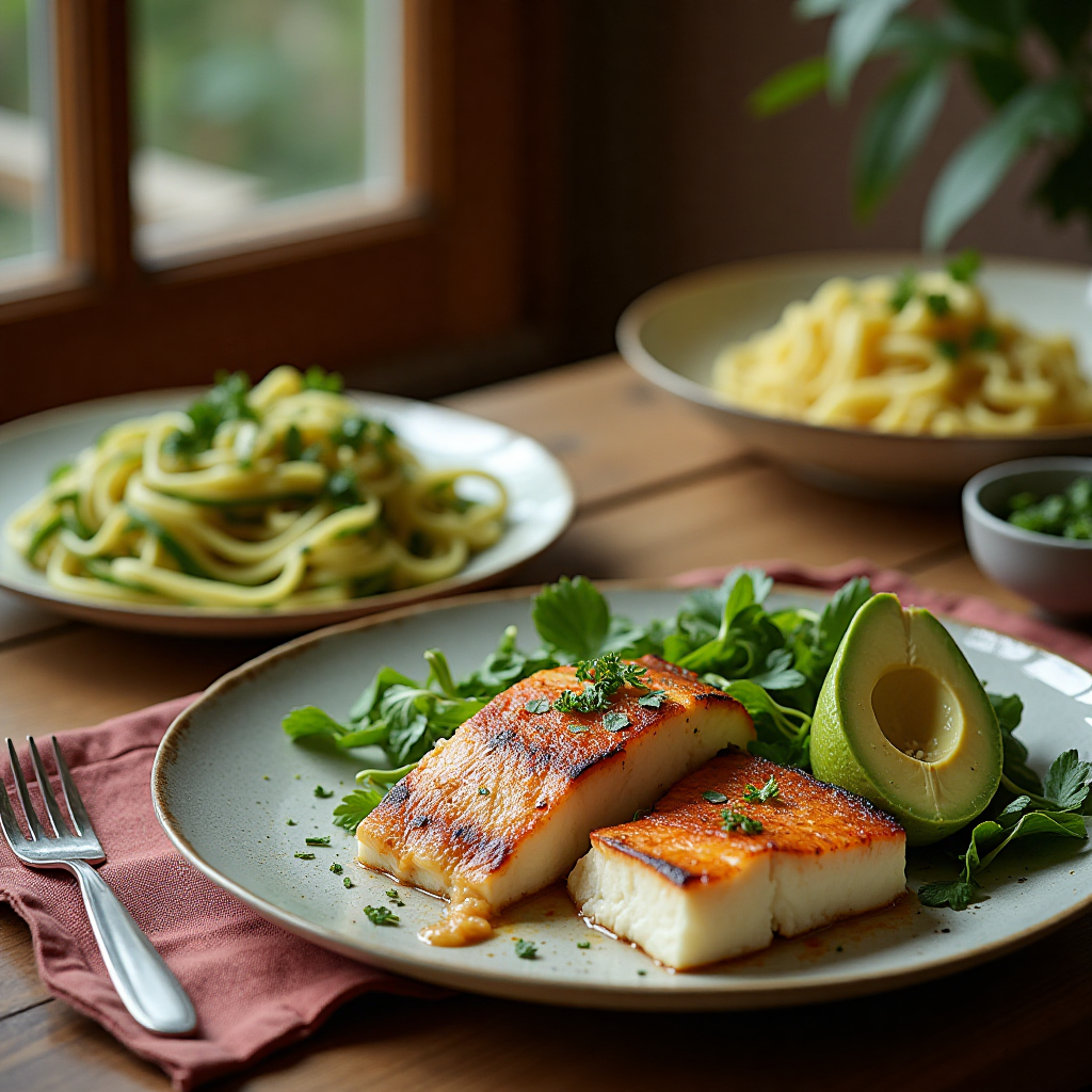 Ein stilvoll gedeckter Tisch mit gesunden Low-Carb-Gerichten.