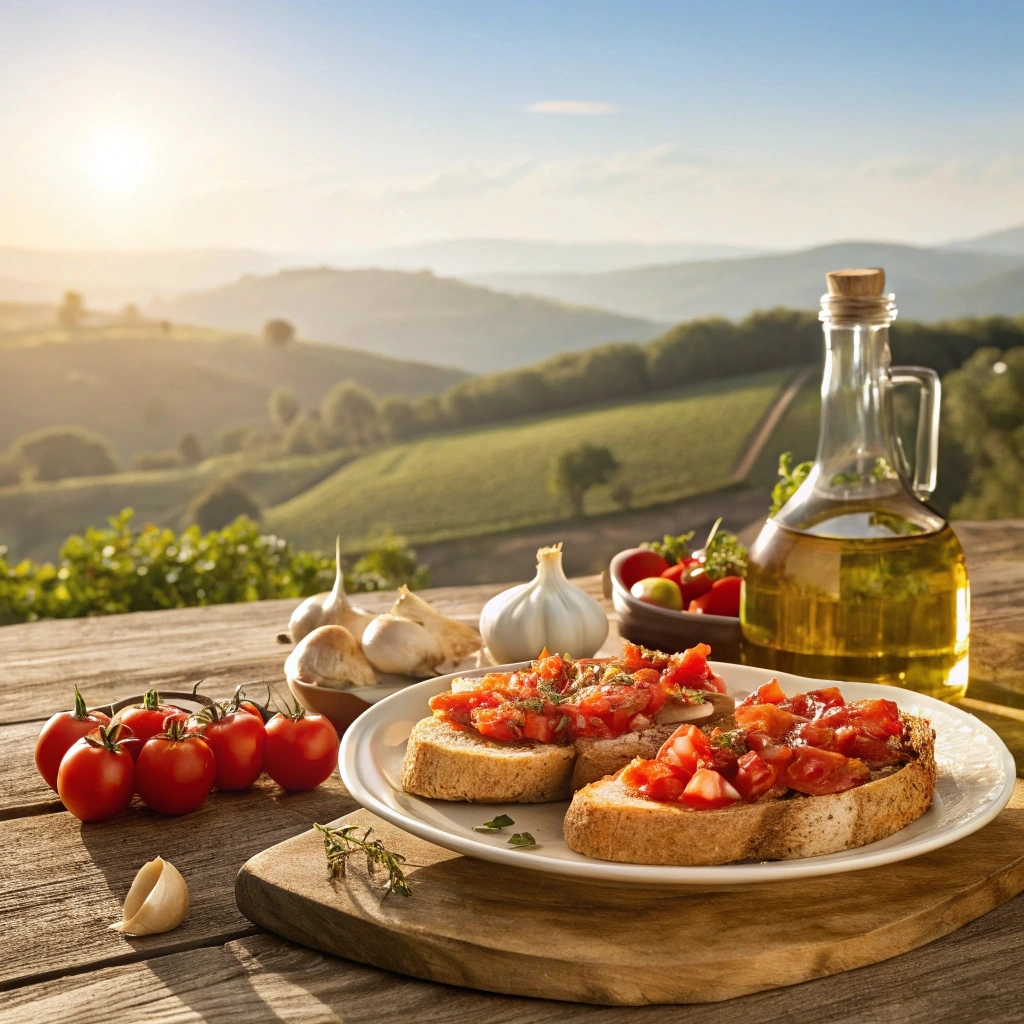 Klassische Bruschetta auf rustikalem Holztisch mit italienischen Zutaten