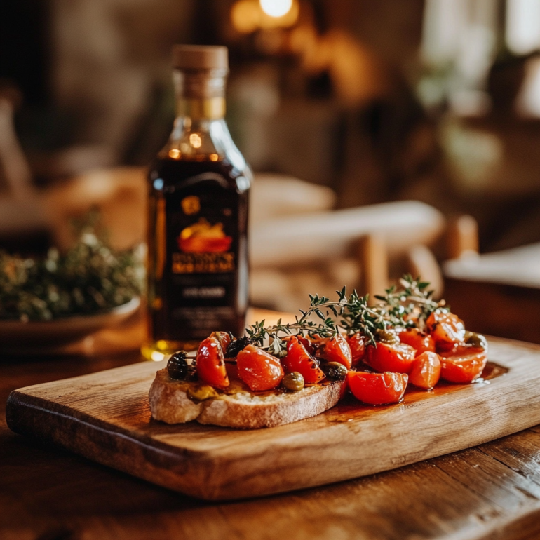 Klassische Bruschetta mit Tomaten, Basilikum und Olivenöl auf einem rustikalen Holztisch.