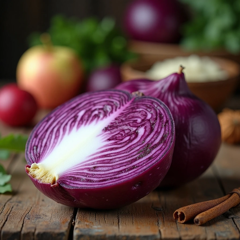 Frischer, aufgeschnittener Rotkohl mit violetten Blättern und Zutaten für die Zubereitung.