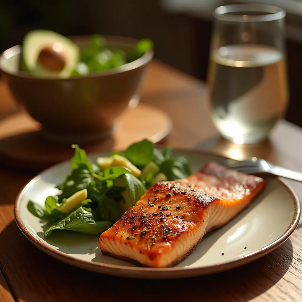 Gesundes leichtes Abendessen mit Lachs und Avocado-Salat auf einem Holztisch