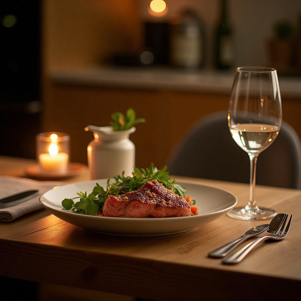 Gesundes Abendessen mit Hähnchen, Gemüse und Avocado auf einem stilvollen Teller.