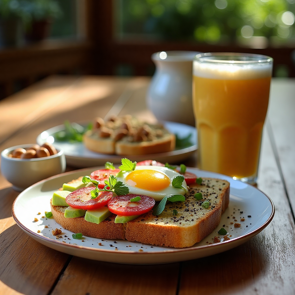 Veganes Frühstück mit Haferbrei, Avocado-Toast und Smoothie auf einem Holztisch