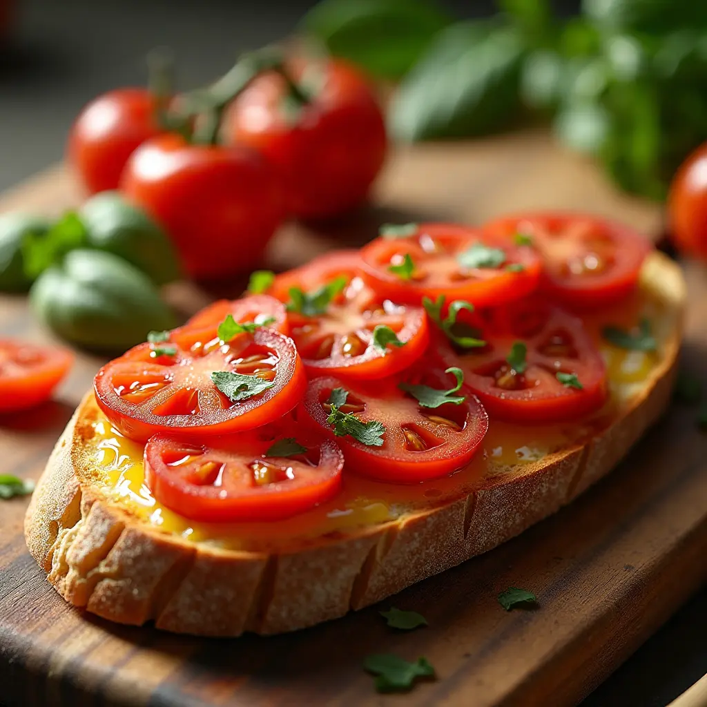 Italienisches Brot mit Tomaten auf Holzbrett mit Basilikum