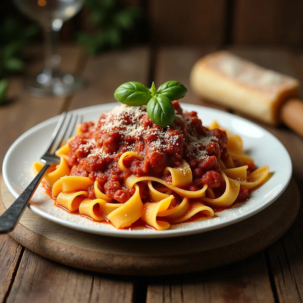 Klassische Tagliatelle alla Bolognese mit Parmesan und Basilikum.