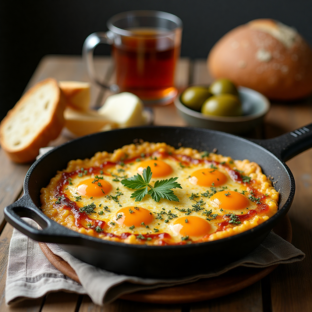 Traditionelles Menemen mit Beilagen auf einem Holztisch.