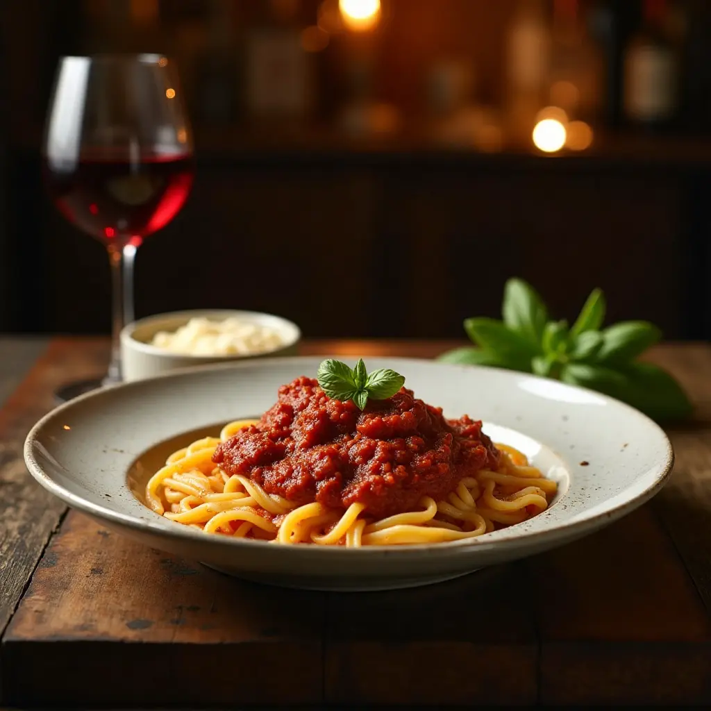 Traditionelle Bolognese mit Tagliatelle, Parmesan und Rotwein auf einem rustikalen Holztisch.