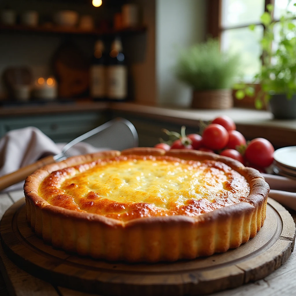Perfekter Käsekuchen ohne Boden mit goldbrauner Oberfläche und frischen Beeren.