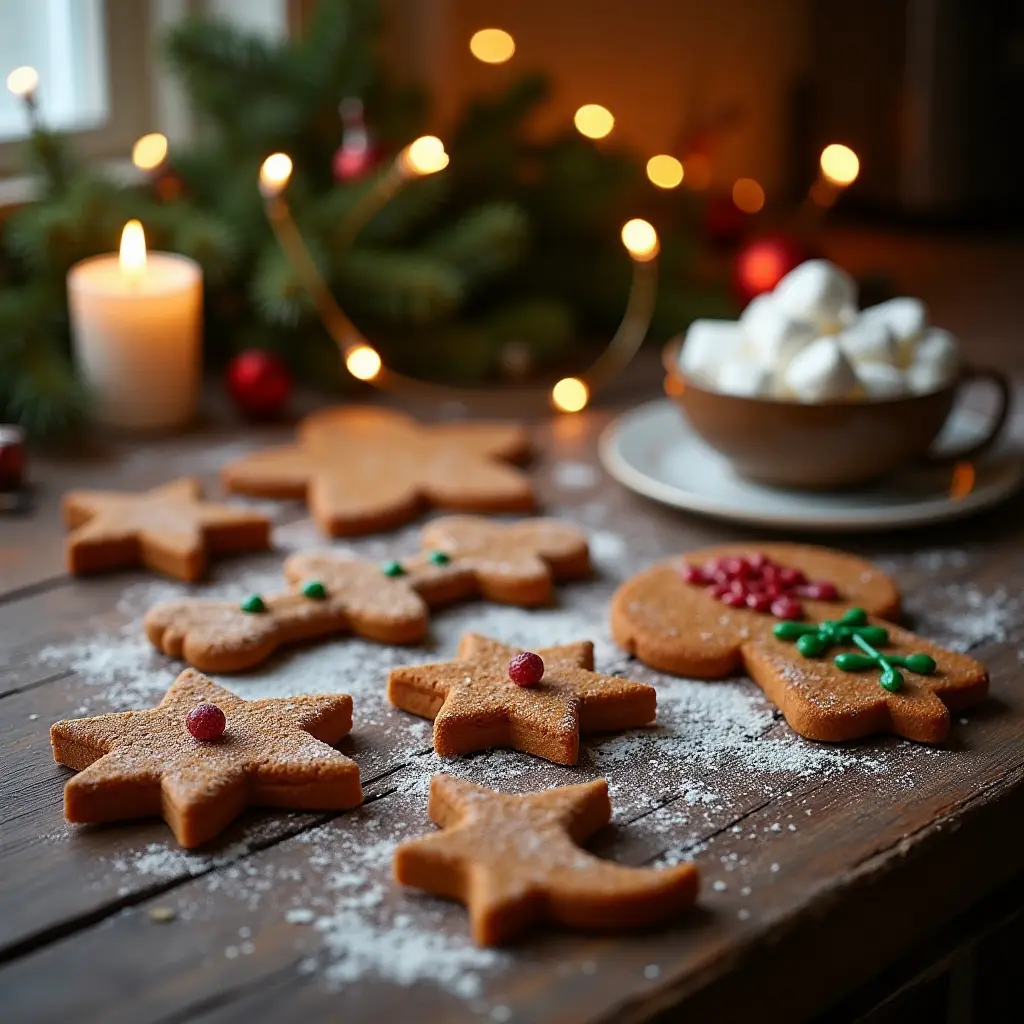 Selbstgemachte Plätzchen auf einer rustikalen Holzplatte mit weihnachtlicher Dekoration.