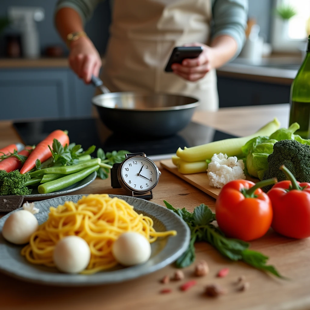 Mensch kocht eine schnelle Mahlzeit mit frischen Zutaten und Timer in der Küche.